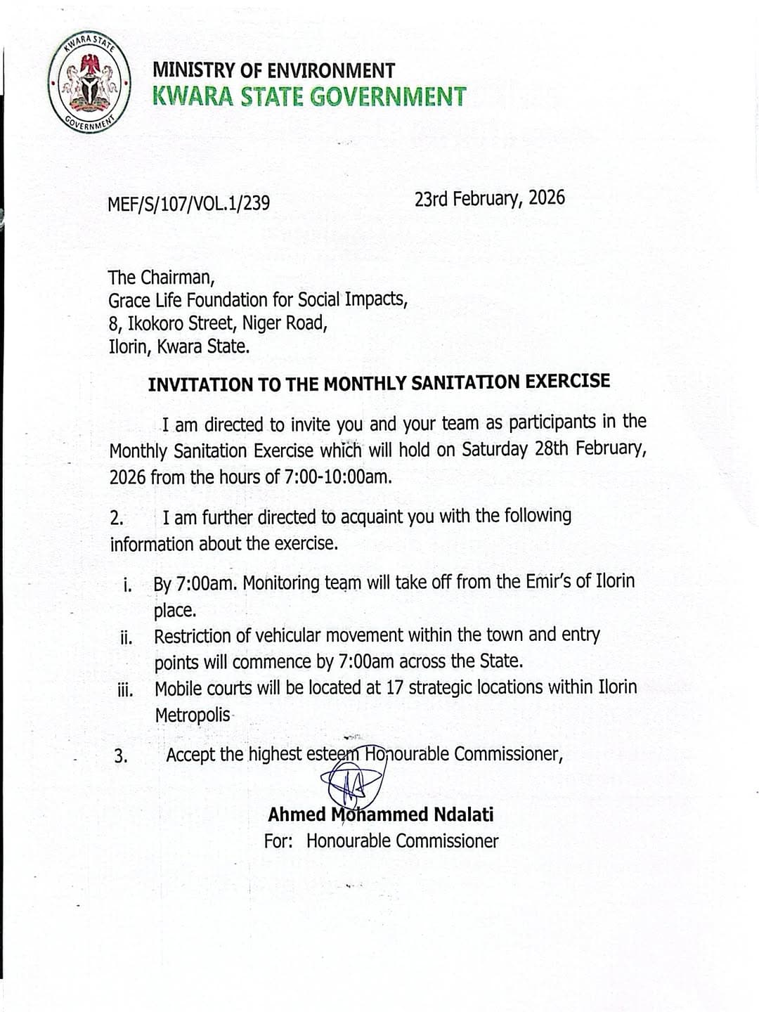 Invitation to monthly sanitation execise